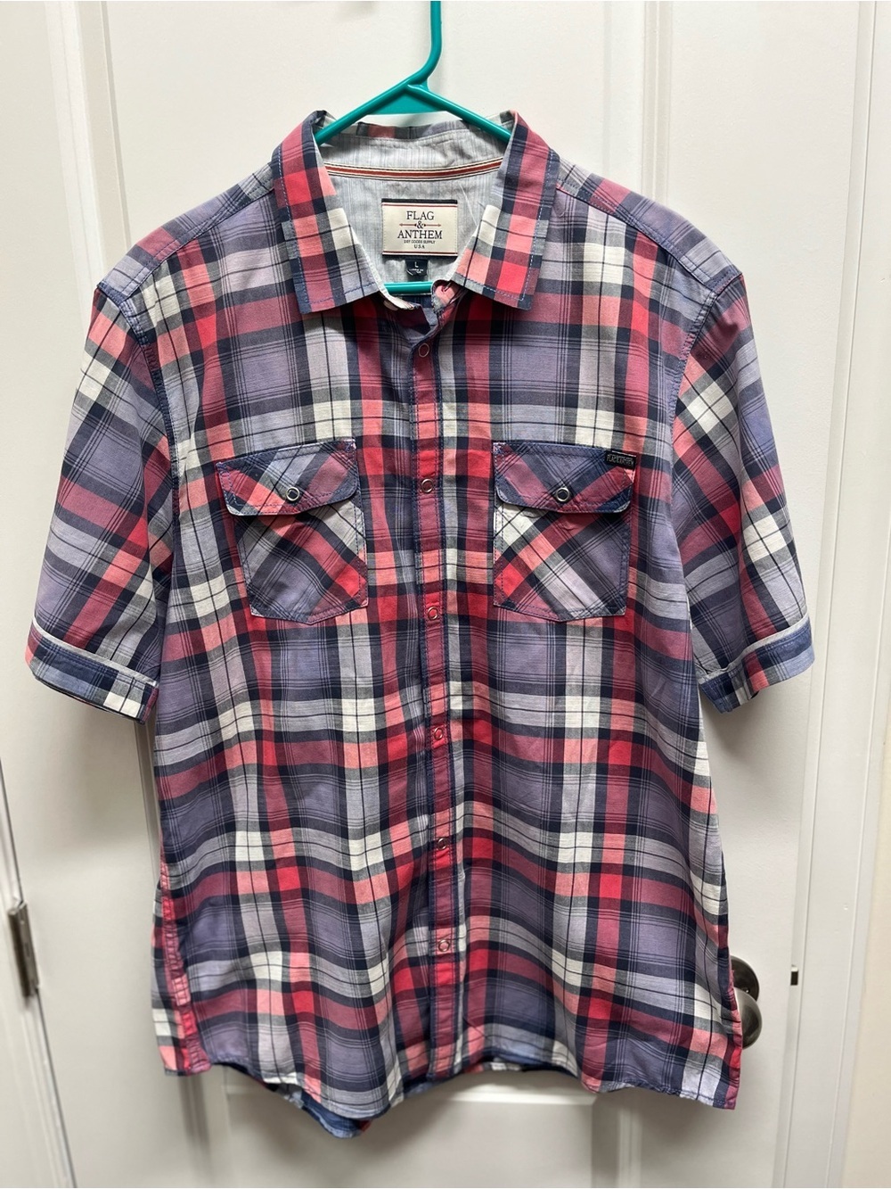 Flag & Anthem Mens Short Sleeve Plaid Snap Button Casual Shirt red white blue L